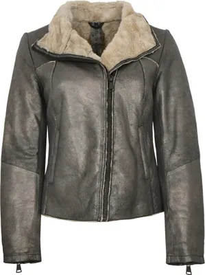 Produktbild von Freaky Nation - Damen Lederjacke Bikerjacke Lammleder Kunstfell taupe/beige : M