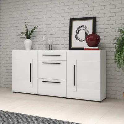 Produktbild von Masseno Kommode TULLIA 180 cm Sideboard mit 3 Schubladen und 2 Türen für Wohnzimmer Schlafzimmer Modern 180x39x86 cm Weiß / Weiß
