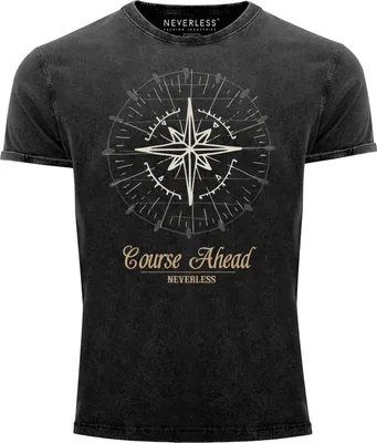 Produktbild von Cooles angesagtes Herren T-Shirt Vintage Shirt Kompass Windrose Aufdruck Used Look Slim Fit Neverless® schwarz M