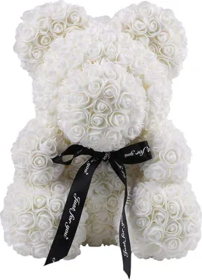 Produktbild von Handgefertigter Rosenbär aus hunderten weißen Samtrosen, 40 cm, als Geschenk