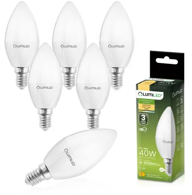 Obrázek produktu pro Sada 6 LED žárovek LUMILED, typ B35, patice E14, 5W, náhrada za 40W, 550lm, 3000K (teplá bílá), úhel svícení 180°, nestmívatelné, svíčková žárovka, 230V, balení 6 kusů