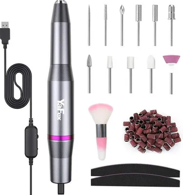 Produktbild von Unyqoos® Elektrischer Nagelfräser für Gelnägel – Profi Maniküre- & Pediküre-Set, USB (5 V/2 A), 0–20.000 U/min, 6 Fräser, 30 Ersatz-Schleifbänder, Premium Grau