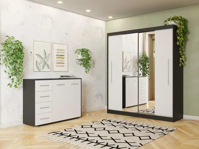 Produktbild von Schwebetürenschrank Kleiderschrank Schrank zweitürig 204 cm Kommode 135 cm und LED Beleuchtung Schwarz/Weiß Torino Frida 01