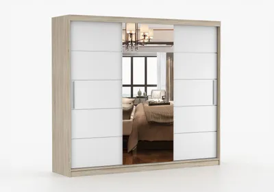 Produktbild von Schwebetürenschrank ABLA II 250 cm Sonoma Eiche Weiß mit Spiegel, Kleiderschrank Schlafzimmerschrank, Garderobenschrank Schiebetüren