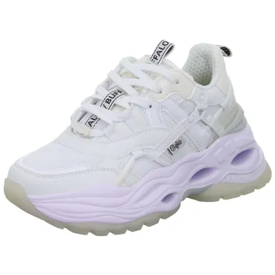 A white Buffalo sneaker with a thick purple sole is shown against a white background.