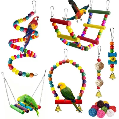 Image de Ensemble de 16 jouets pour oiseaux, idéal pour les cages de perroquets, comprenant une échelle, une balançoire et un hamac