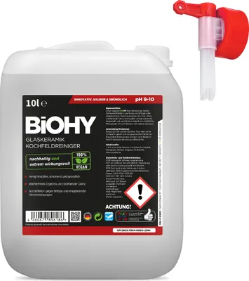 Produktbild von BiOHY Glaskeramik Kochfeldreiniger (10l Kanister) + Auslaufhahn | Optimal zur Reinigung und Pflege von Kochfeld und Induktion | Geeignet für ALLE GERÄTE