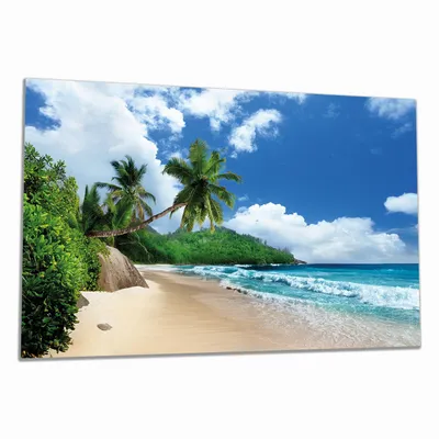 Produktbild von Wallario Herdabdeckplatte aus Glas, Größe 90 x 52 cm 1-teilig, Motiv Urlaub auf den Seychellen unter Palmen am Sandstrand