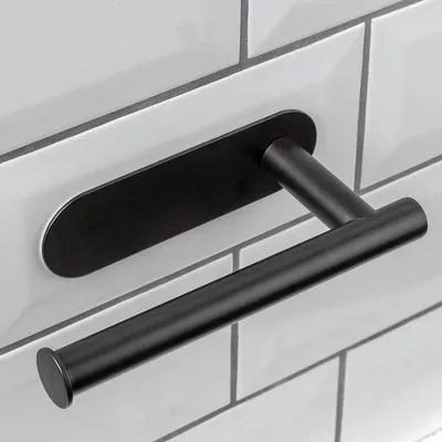 Image de Support pour siège de toilettes - Bande adhésive - Fixation murale - Pièce unique - Noir ou métal - Support mural en acier inoxydable