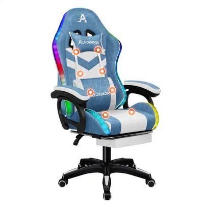 Zdjęcie produktu dla Fotel do gier ALFORDSON z diodami LED, fotel do gier z 8-punktowym masażem, ergonomiczny fotel do gier z oświetleniem RGB, fotel obrotowy z podparciem lędźwiowym, niebieski i biały