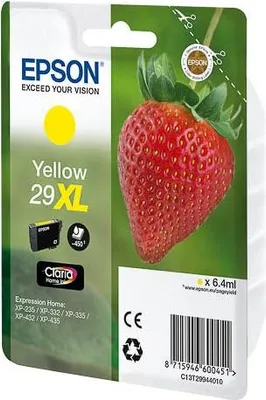 Zdjęcie produktu dla Epson Strawberry Singlepack Yellow 29XL Claria Home Ink, Wysoka (XL) wydajność, Żółty, Tusz na bazie pigmentu, 6,4 ml, 1 szt., 450 stron(y)