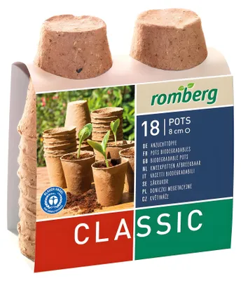 Produktbild von Romberg 18 Anzuchttöpfe 8 cm Ø rund, Braun, Zellulose, 18 Stück(e), 80 mm, 165 mm, 180 mm