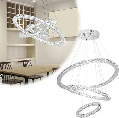 Obrázek produktu pro JOIEYOU 96W LED lustr Crystal Moderní závěsné světlo Výškově nastavitelné stropní svítidlo Závěsné svítidlo Stropní lustr se třemi kruhy pro obývací pokoj Jídelna Předsíň - studená bílá