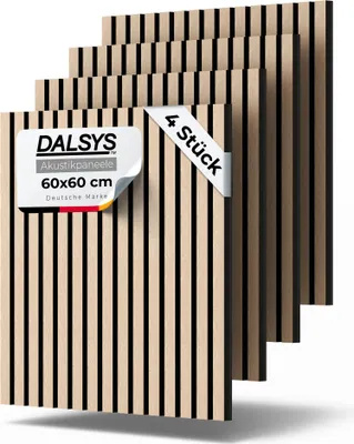 Produktbild von Dalsys 4x Akustikpaneele Holz 60x60cm mit Lamellen Eiche hell - Wandpaneele Holz für Schallschutz in Büro- & Wohnräumen - Akustik Paneele Wand - 3D Wandverkleidung innen - Holzpaneele Wand