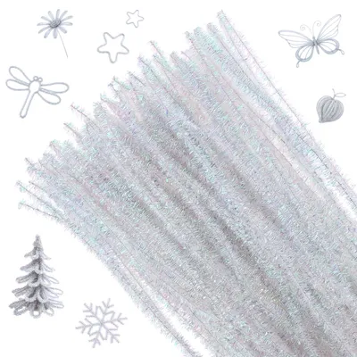 Chenilledraht 100 Stück, weiß glitzernd, 6 mm x 30 cm