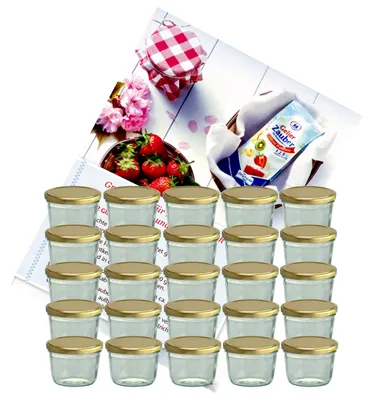 Produktbild von 25er Set Sturzglas 230 ml To 82 goldener Deckel incl. Diamant-Zucker Gelierzauber Rezeptheft