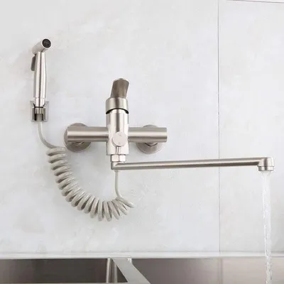 Produktbild von Küchenarmatur zur Wandmontage – Wandarmatur für die Küche – Wandarmatur mit oberem Auslauf – Wandarmatur mit unterem Auslauf – Silber