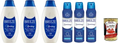 Produktbild von BREEZE Sporting Testpaket, 3x Deodorant Spray 150ml + 3x Duschshampoo und Duschgel 400ml + Italian Gourmet polpa 400g