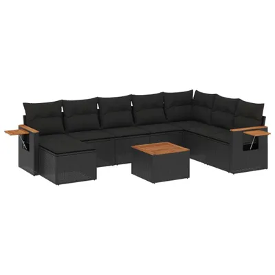 Produktbild von Modulares Garten-Loungeset, 9-teilige Sofagarnitur mit Akazienholz-Tischplatte, UV-beständiges Poly Rattan, Schwarz, inklusive abnehmbarer Kissen
