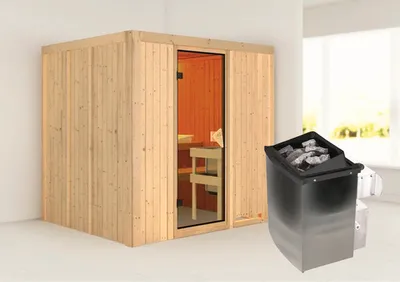Produktbild von Elementsauna Karibu Sodina inkl. 9 kW Ofen u.integr.Steuerung ohne Dachkranz mit bronzierter Ganzglastüre