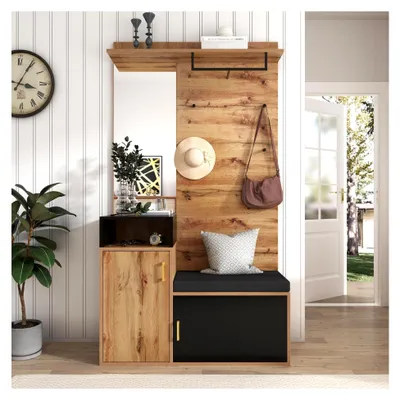 Produktbild von Garderobenset mit Spiegel und Sitzbank | Flurgarderobe mit Schuhschrank und Kleiderhaken | Garderobenset (Wandmontage erforderlich) (Schwarz)