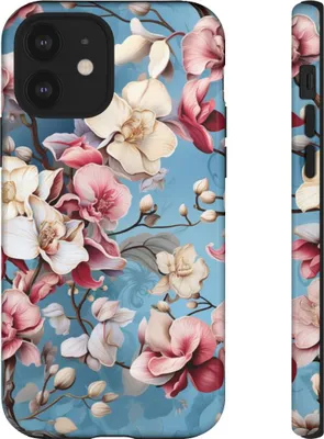 Produktbild von Orchideen-Blumenmuster auf blauem Hintergrund – Hülle Kompatibel mit iPhone 12