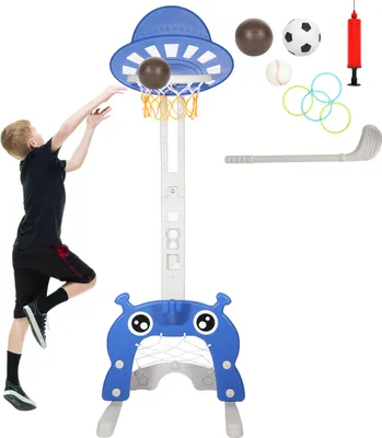 Immagine prodotto di TolleTour 4-in-1 canestro regolabile in altezza, porta da calcio, golf e gioco di lancio per bambini all'interno e all'aperto