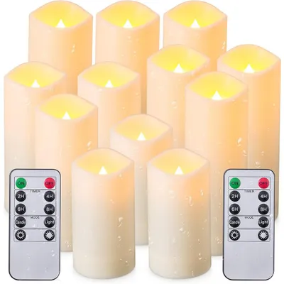 Productafbeelding van 12 LED-kaarsen met timer, kaars met flakkerend vlammetje, met afstandsbediening, elektrische, van echt was, op batterijen, voor decoratie, Kerstmis, bruiloften