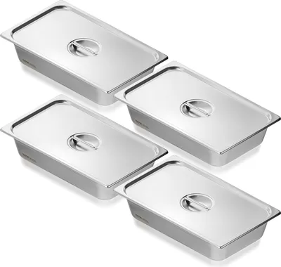 Produktbild von VEVOR 4er-Pack Hotelpfannen, Dampfpfanne in voller Größe mit Anti-Stau-Funktion und Deckel, 0,8 mm dicke Edelstahl-Dampftischpfanne, 4 Zoll tiefe kommerzielle Tischpfanne, Catering-Aufbewahrungspfanne für Lebensmittel, für Industrie und Wissenschaft