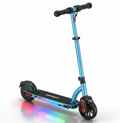 Obrázok produktu pre Caroma E Scooter Kinder, určené pre deti vo veku 6-12 rokov, výkon 150 W, rýchlosť 16 km/h, nastaviteľná výška, LED osvetlenie