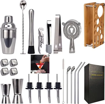 Produktbild von Edelstahl Barkeeper Kit, Professionelles Cocktail Shaker Set 23-tlg, Edelstahl Bar Set mit Halter für Zuhause oder die Bar