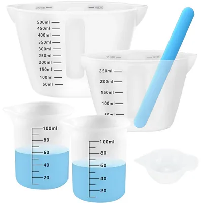 Produktbild von Silikon Messbecher Set 6 Stück mit Rührstab für Epoxidharz 500ml/250ml/100ml/15ml