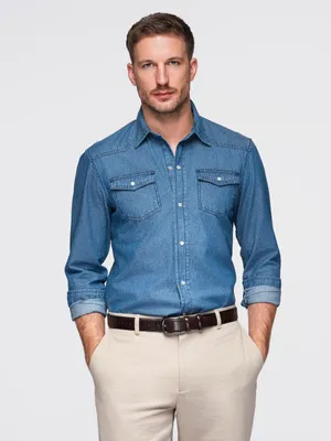 Produktbild von Herren-Denim-Shirt mit Knöpfen und Taschen - blau V2 OM-SHDS-0210 S
