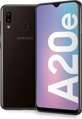 A black Samsung Galaxy A20e smartphone is shown from the front and back.
