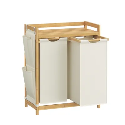 Produktbild von Wäschekorb 2 Fächer, Bambus, Wäschesammler 100 L, mit Ablage