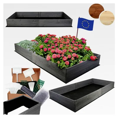 Produktbild von Hochbeet aus Holz, Kräuterbeet, Gartenbeet, Pflanzkasten, Blumenbeet für Garten und Terrasse, Kiefernholz, Massivholz, Naturholz, Gemüsegarten, Abmessungen 27x203x117 cm, Farbe: Grau