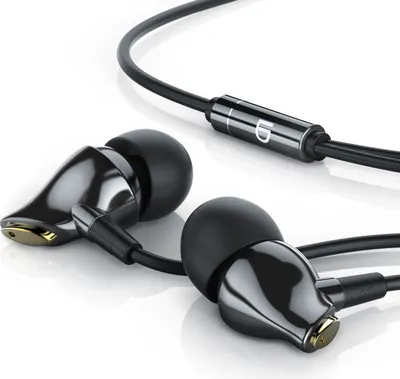A pair of black and gold in-ear headphones with a black cable and a metallic inline control unit.