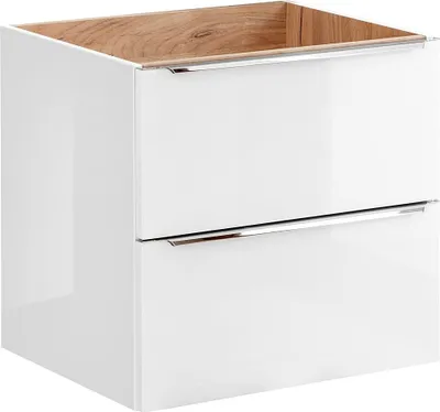 A white high-gloss vanity unit with two drawers and a wooden interior.