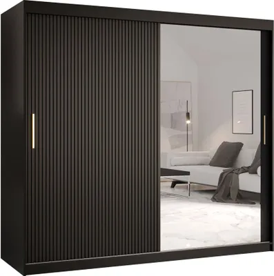 Produktbild von MIRJAN24 Kleiderschrank Riflo Slim 2 200, Schwebetürenschrank mit zwei Kleiderstangen, Garderobe mit Frontspiegel (Farbe: Schwarz, Größe: 200 cm)