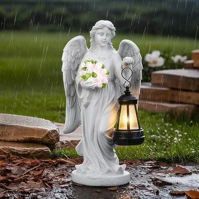 Produktbild von Engel Gartenstatuen, Grabschmuck Wetterfest: Grabengel, Außen Friedhof Deko, Wetterfeste Grabdeko aus Harz, Engel für Grab, Frostsichere Grabschmuck Wetterfest Dekoration, Grablicht