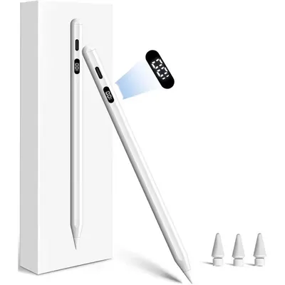 Produktbild von Premium Stylus Stift für iPad 2018–2025, mit LED-Batterieanzeige, USB-C Schnellladung, Palm Rejection, Neigungssensitivität, magnetisch, 3 Ersatzspitz