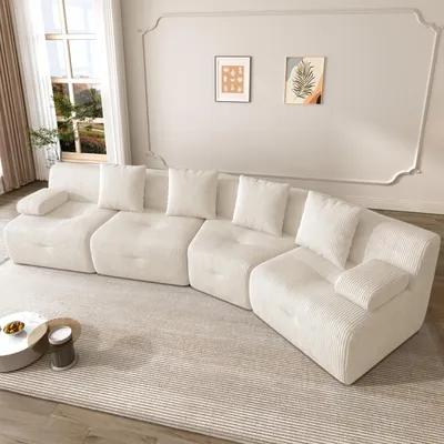 Immagine prodotto di Divano modulare okwish, 4 posti, senza montaggio, con moduli componibili, rivestito in tessuto corduroy, divano per soggiorno in color beige chiaro