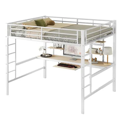 Produktbild von Hochbett(140*200cm,Weiß)Bettgestell Metallbett,Eisenbett,Hochbett mit Schreibtisch und zwei Bücherregalen für Kinder,Jugendliche und Erwachsene