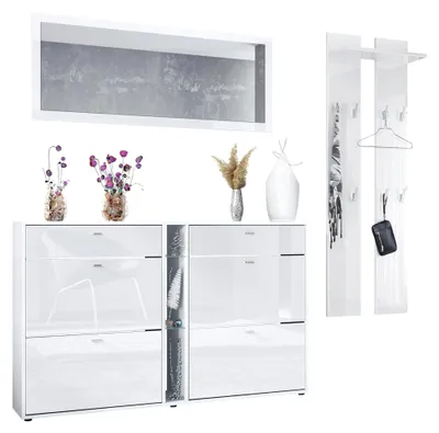 Produktbild von Garderoben-Set Orlando mit Schuhschrank, Wandpaneel und Wandspiegel, Weiß matt/Weiß Hochglanz