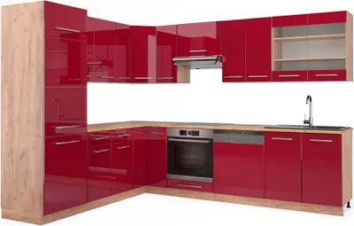 Produktbild von Eckküche Vicco Fame-Line Bordeaux Hochglanz/Goldkraft Eiche 287 x 227 cm, AP Eiche, Model 42390