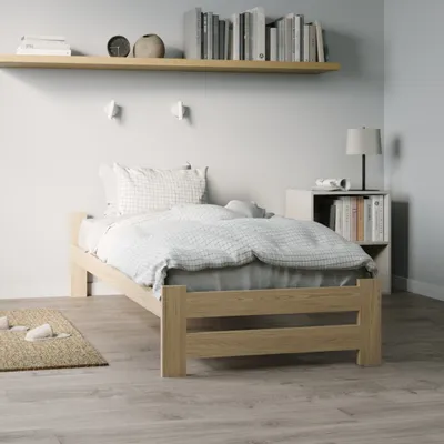 Produktbild von Holzbett 100x200 cm mit Lattenrost Modern Bett Bed Kiefer Massiv Bettgestell Einzelbett Massivholzbett Klassisch | Komfortabel & Langlebig | Skandinavisch Boho Landhaus Kopfteil flach natur