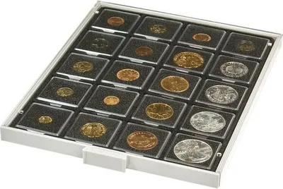 Produktbild von Lindner 2122C Münzbox Carbo mit 20 quadratischen Vertiefungen für OCTOS und Münzrähmchen mit 50 x 50 mm Carbo-grau / schwarze Einlage