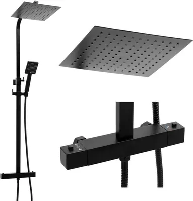 Zdjęcie produktu dla Panel prysznicowy czarny - z deszczownicą 25 cm i baterią termostatyczną