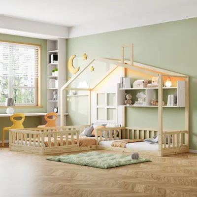 Produktbild von Kinderbett 90 x 200 cm, Hausbett mit LED-Beleuchtung, Regalen und Sicherheitsgitter, bodennahes Einzelbett mit Lattenrost, Massivholz, Natur