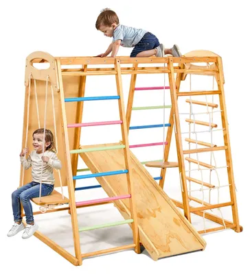 Obrázek produktu pro VEVOR vnitřní dětské hřiště s prolézačkami (9 v 1) ze dřeva, nosnost 113 kg Montessori sada hraček na lezení s houpačkami/šplhacím rámem/skluzavkou/dřevěným žebříkem/provazovým žebříkem/šplhací sítí/skalkou/hrazdou/lanem